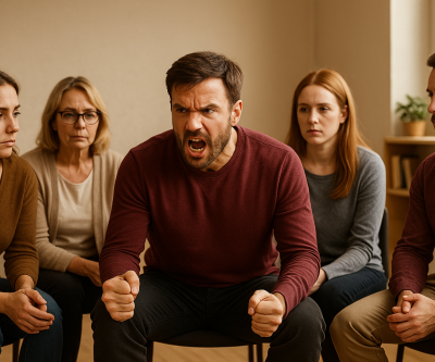 Support group and an angered man.