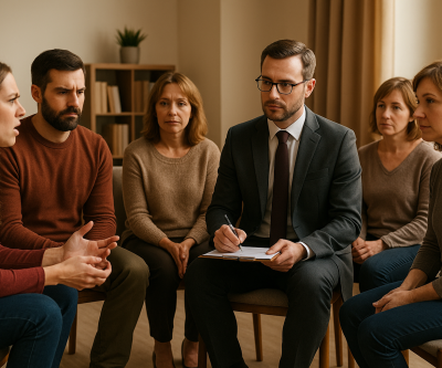 Support group for domestic violence and a man in suit.